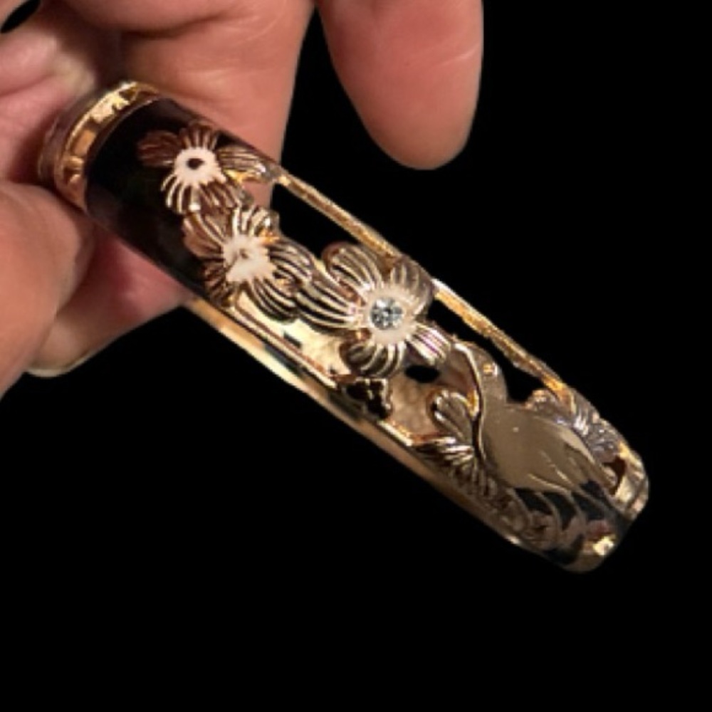 Art Deco Floral Hand Engraved Gold Plate Bangle Bracelet